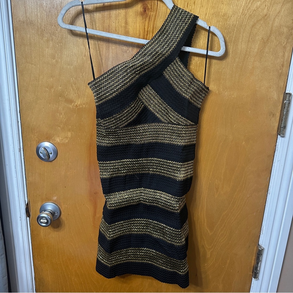 Lulumari Black and Gold Striped One-Shoulder Dress